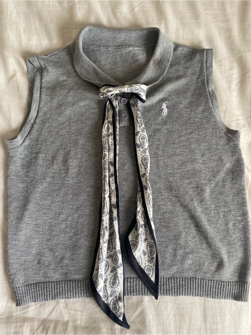 Polo Ralph Lauren Sleeveless Sweater Vest Polo w/ Silk Paisley Scarf Tie - Grey